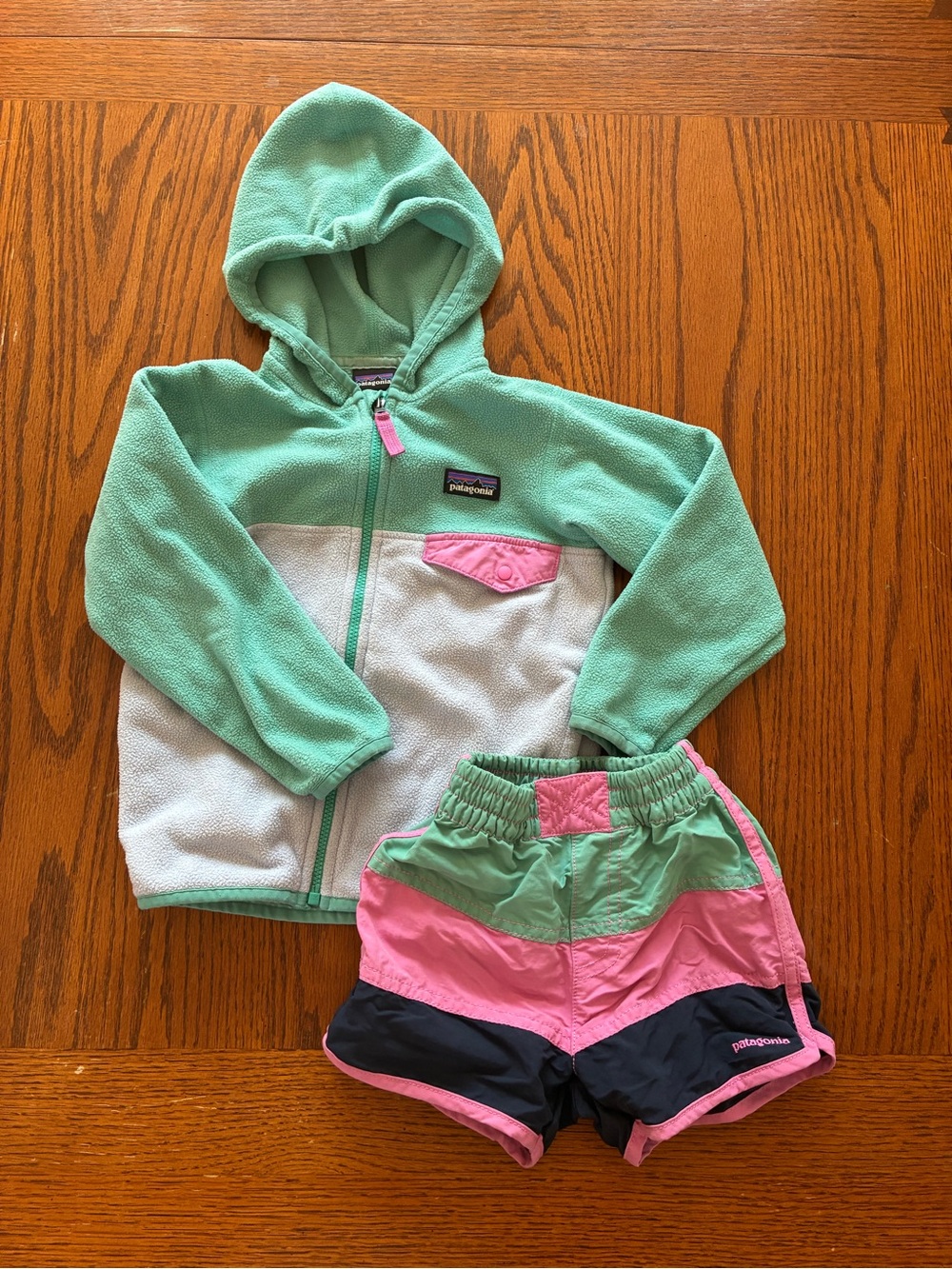 Patagonia Snap T Fleece Jacket and Board Shorts in Pink/Green/Blue Size 3T
